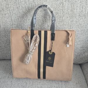 Moda Luxe Tan Tote Bag with Black Stripes